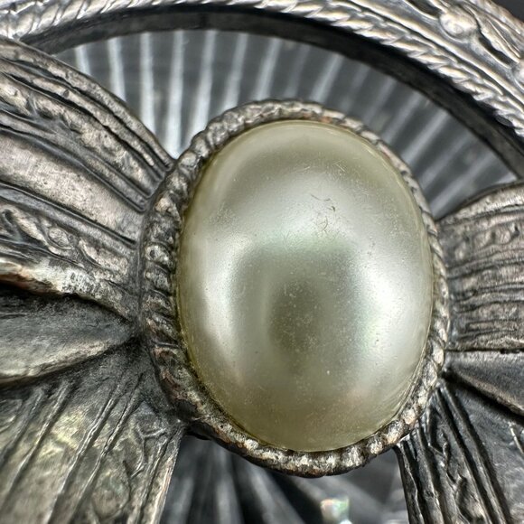 Vintage Trinket Dish Vanity Jewelry Jar Pewter Glass Faux Pearl Cabochon Cottage - Picture 7 of 10